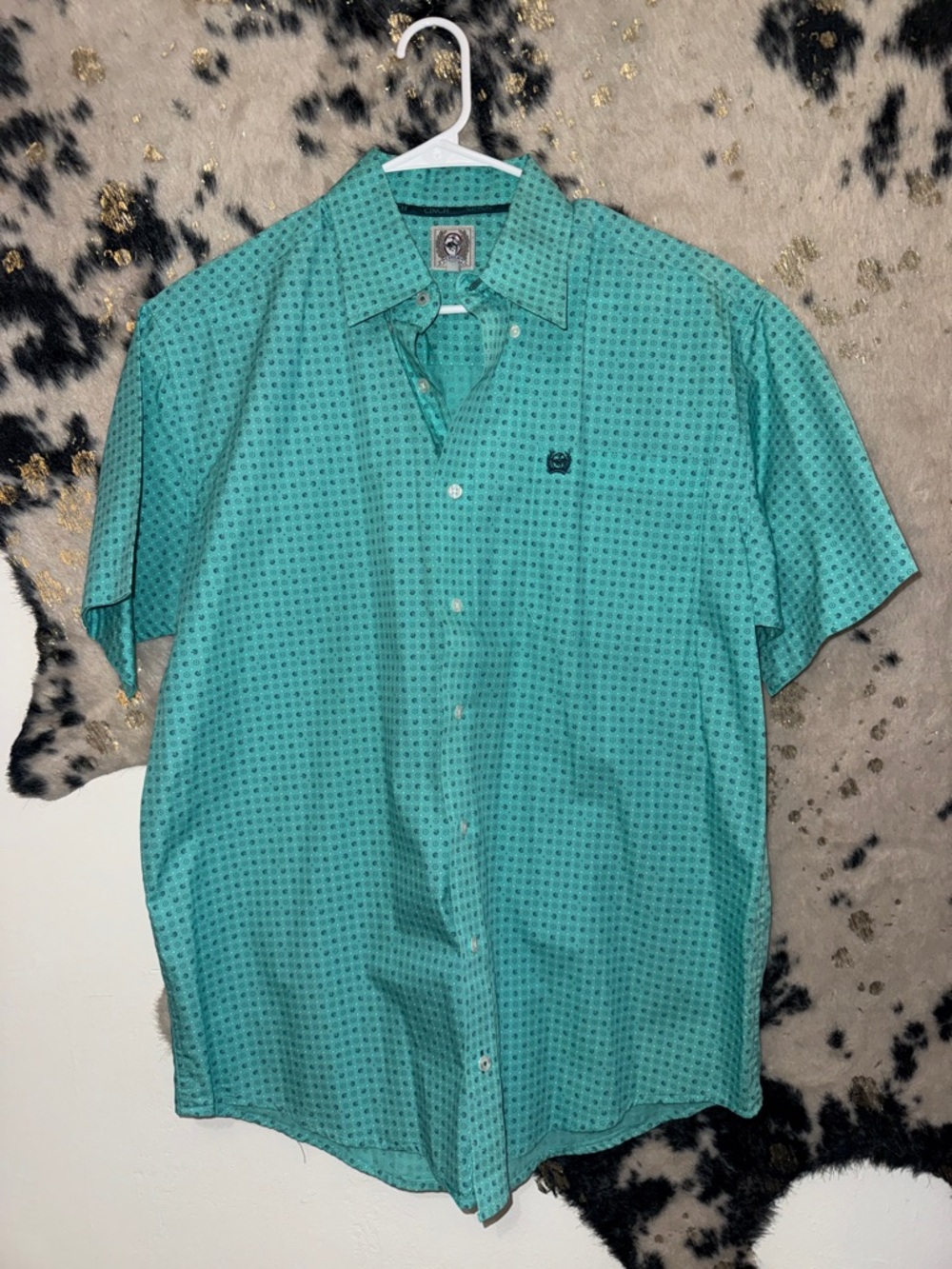 Cinch Teal Short-Sleeve Button-Down Shirt with Microprint